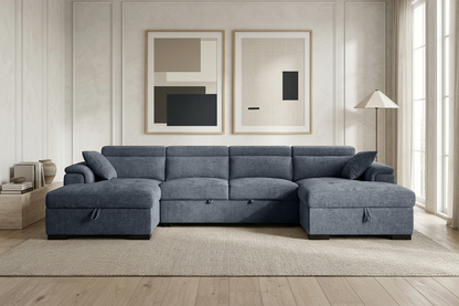 Alaya Storage U Shape Sofa Bed - Blue - living room view