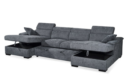 Alaya Storage U Shape Sofa Bed - Blue - hidden chaise storage open