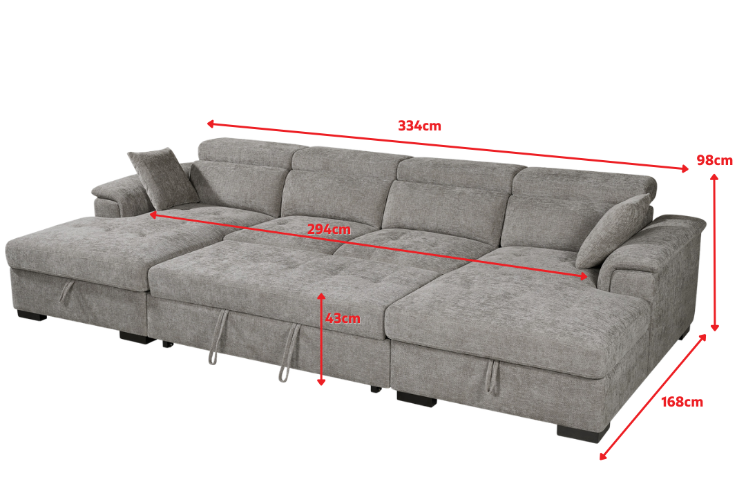 Alaya Storage U Shape Sofa Bed - dimensions 334 cm wide, 168 cm deep, 98 cm high; illustrated in grey