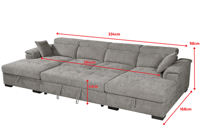 Alaya Storage U Shape Sofa Bed - dimensions 334 cm wide, 168 cm deep, 98 cm high; illustrated in grey