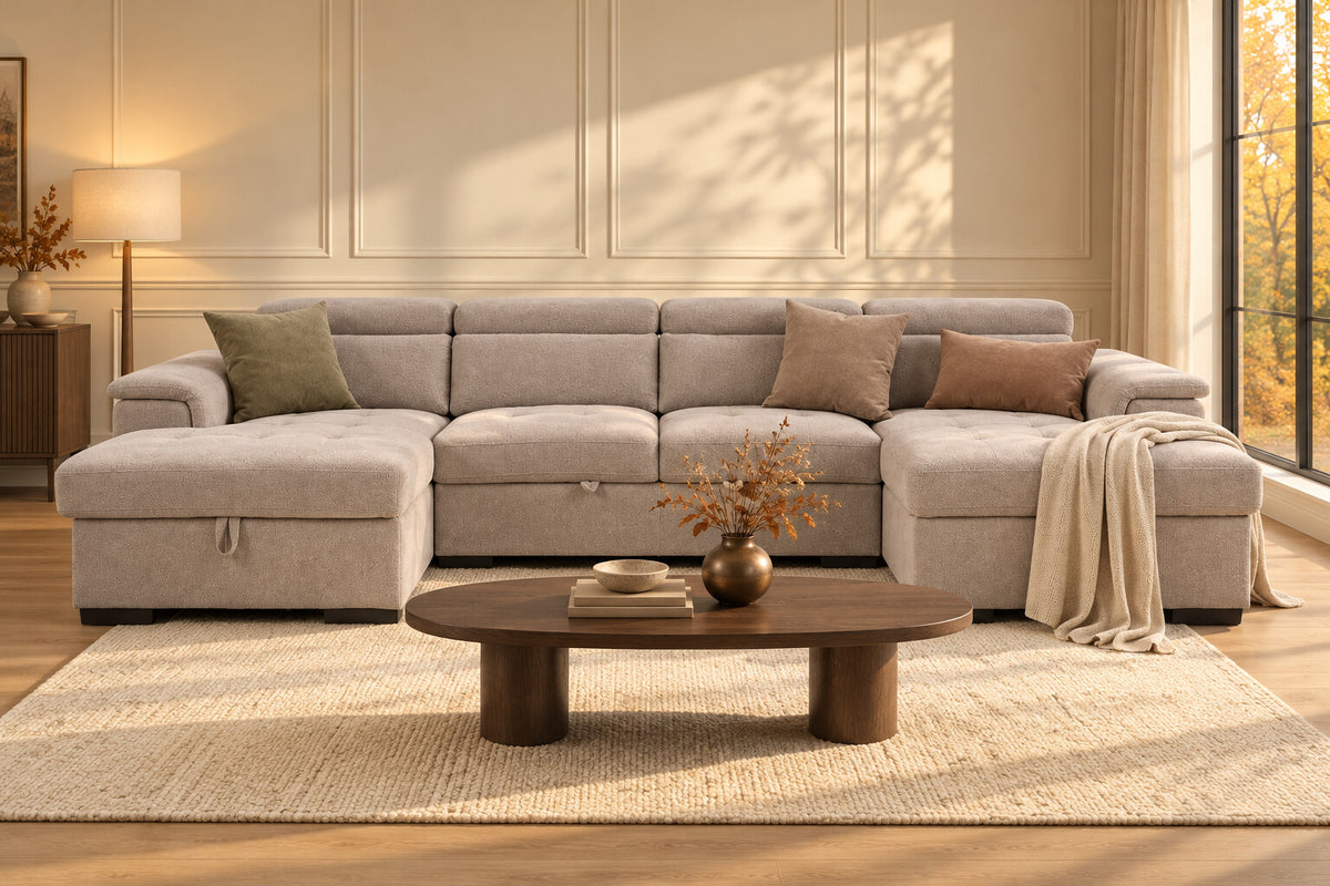 Alaya beige U-shaped storage sofa bed in an autumn living room