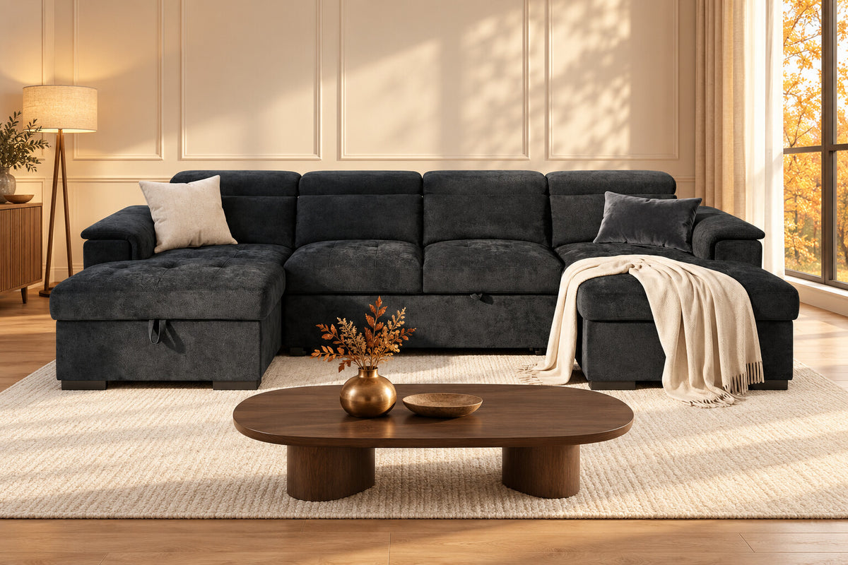 Alaya black U-shaped storage sofa bed in an autumn living room