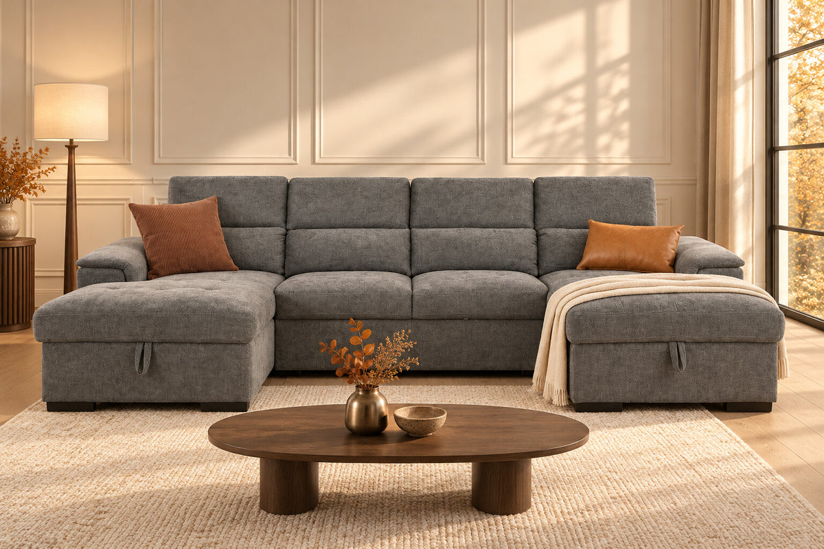 Alaya grey U-shaped storage sofa bed in an autumn living room