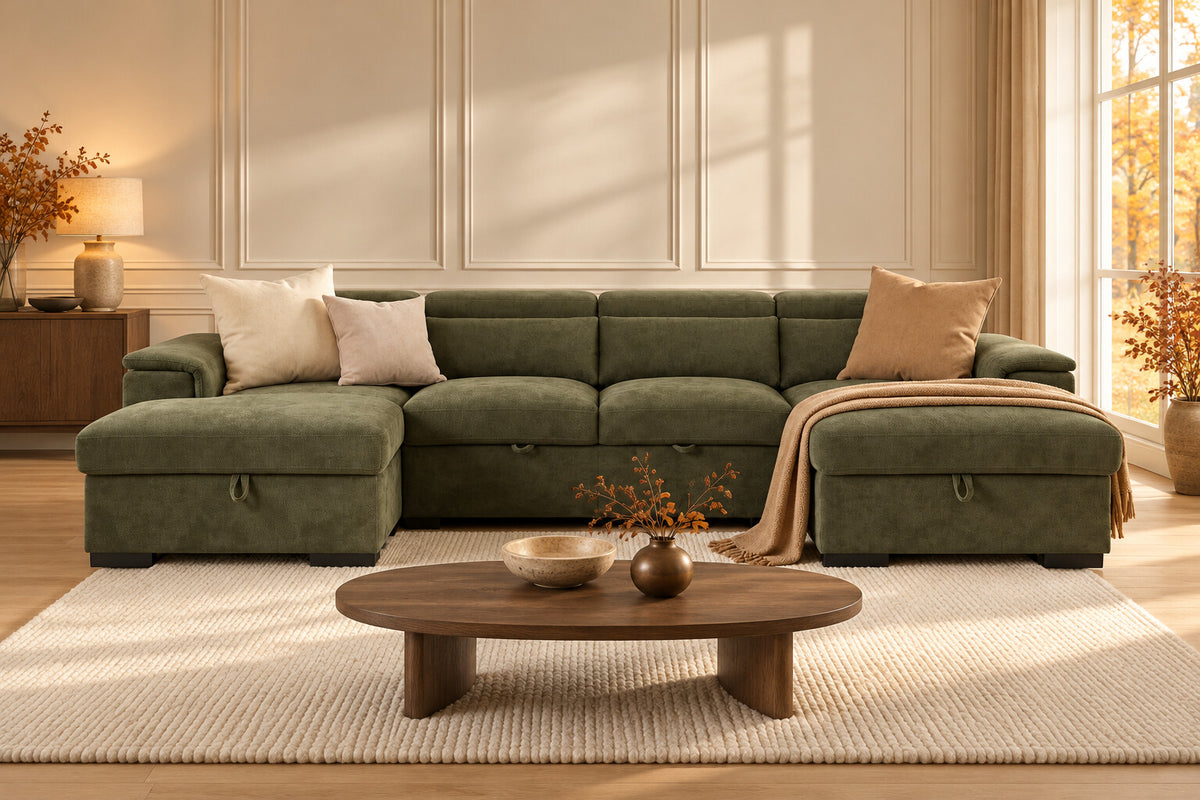 Alaya olive green U-shaped storage sofa bed in an autumn living room