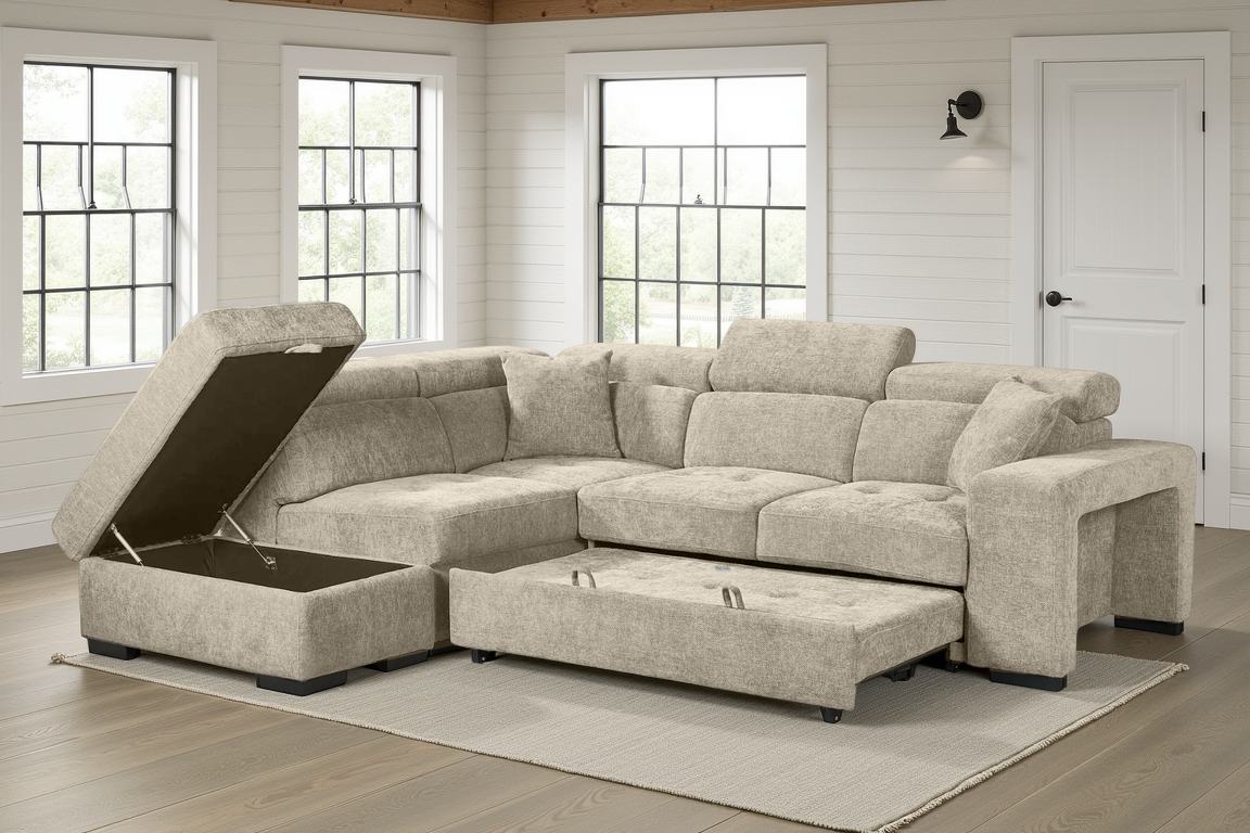 Amelia Beige Chenille Fabric Corner Sofa Bed with Storage and Ottomans