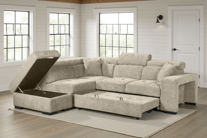 Amelia Beige Chenille Fabric Corner Sofa Bed with Storage and Ottomans