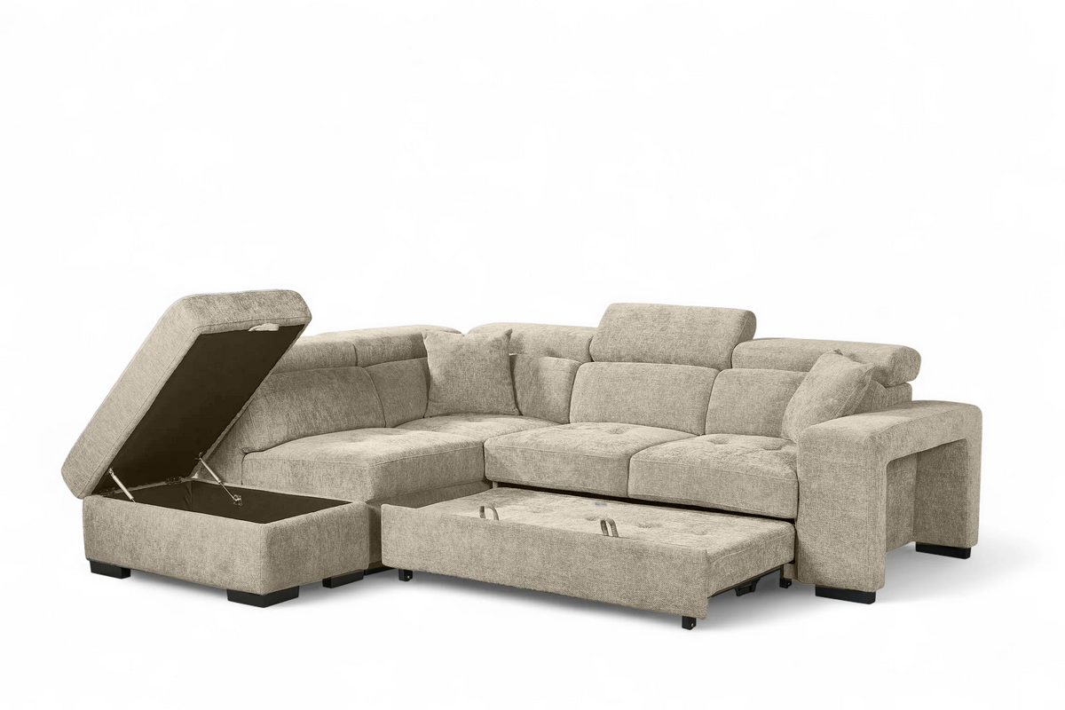 Amelia Beige Chenille Fabric Corner Sofa Bed with Storage and Ottomans