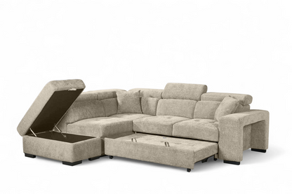 Amelia Beige Chenille Fabric Corner Sofa Bed with Storage and Ottomans