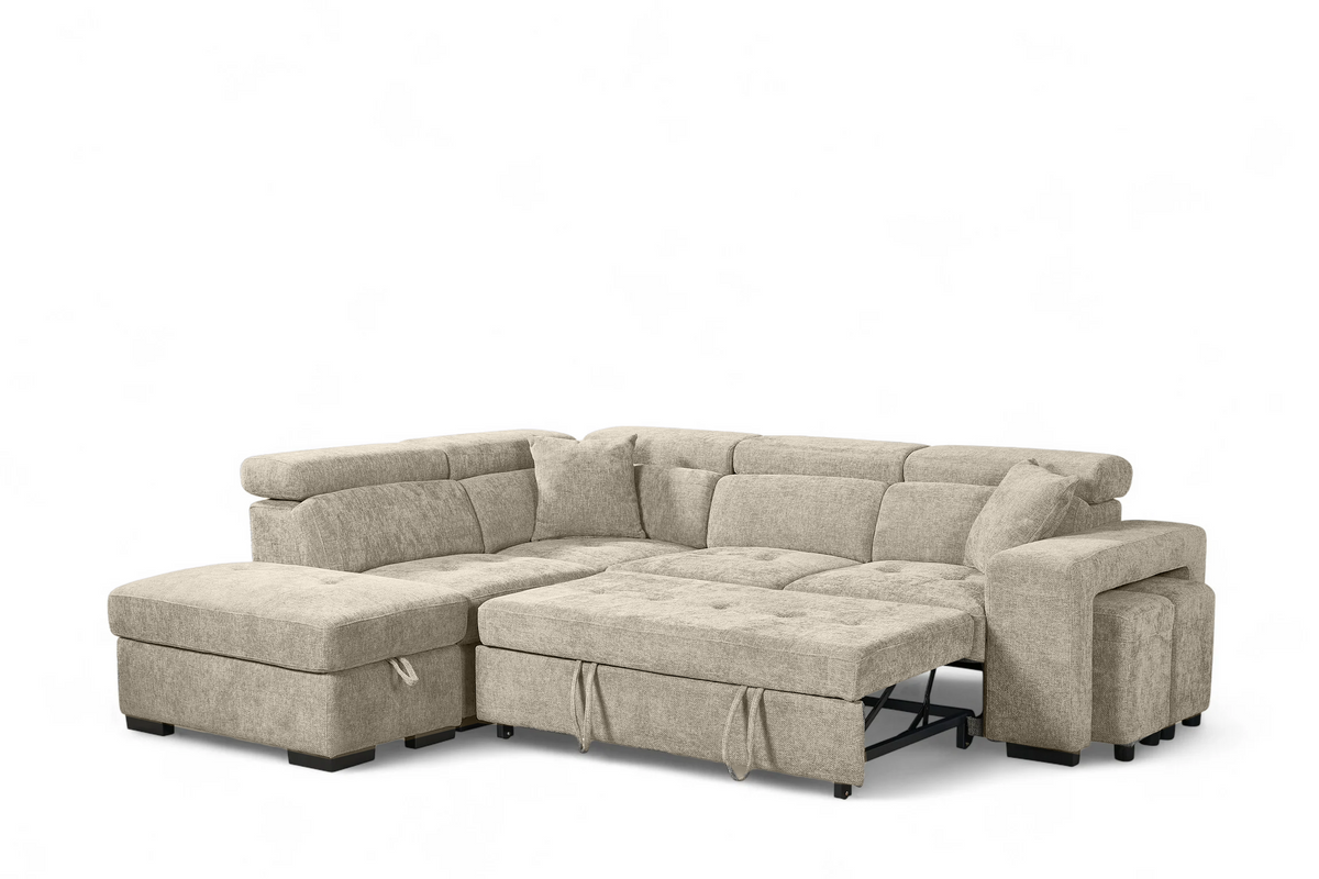 Amelia Beige Chenille Fabric Corner Sofa Bed with Storage and Ottomans