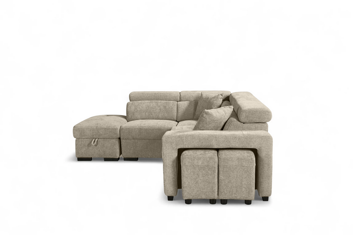 Amelia Beige Chenille Fabric Corner Sofa Bed with Storage and Ottomans