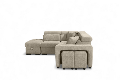 Amelia Beige Chenille Fabric Corner Sofa Bed with Storage and Ottomans