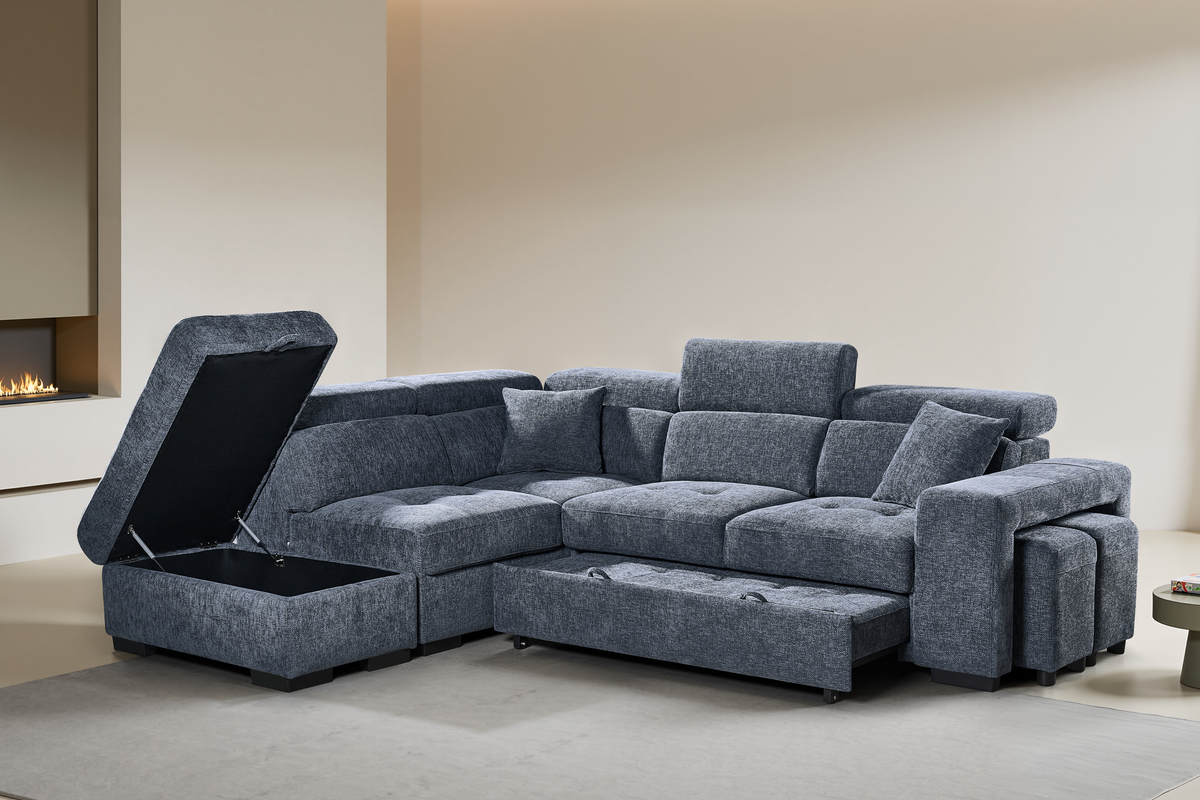 Amelia Blue Chenille Fabric Corner Sofa Bed with Storage and Ottomans
