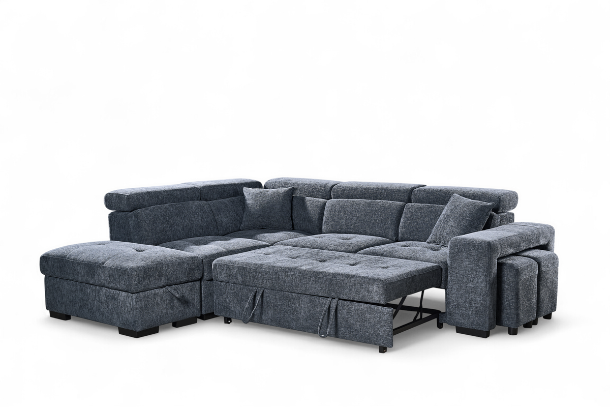 Amelia Blue Chenille Fabric Corner Sofa Bed with Storage and Ottomans