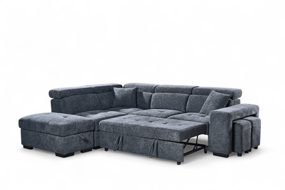 Amelia Blue Chenille Fabric Corner Sofa Bed with Storage and Ottomans