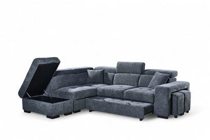 Amelia Blue Chenille Fabric Corner Sofa Bed with Storage and Ottomans