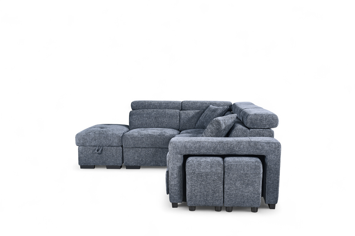 Amelia Blue Chenille Fabric Corner Sofa Bed with Storage and Ottomans