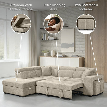 Amelia Blue Chenille Fabric Corner Sofa Bed with Storage and Ottomans