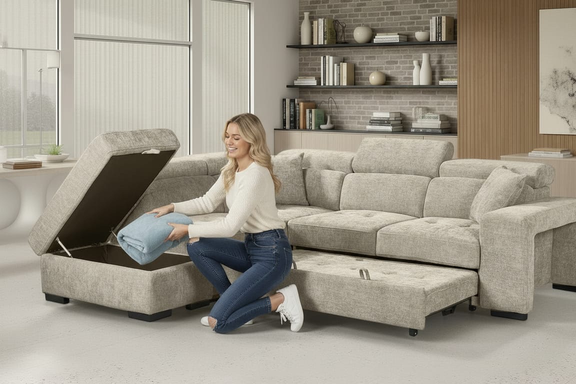 Amelia Blue Chenille Fabric Corner Sofa Bed with Storage and Ottomans