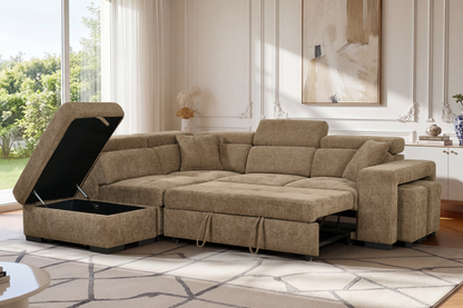 Amelia Chocolate Brown Chenille Fabric Corner Sofa Bed with Storage and Ottomans