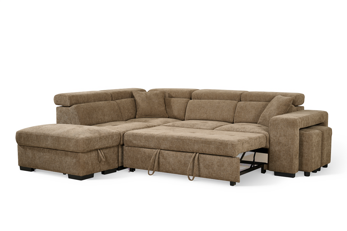 Amelia Chocolate Brown Chenille Fabric Corner Sofa Bed with Storage and Ottomans
