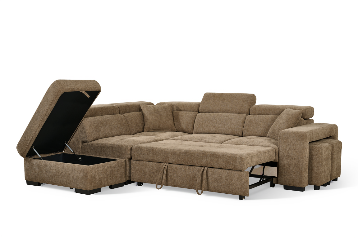 Amelia Chocolate Brown Chenille Fabric Corner Sofa Bed with Storage and Ottomans