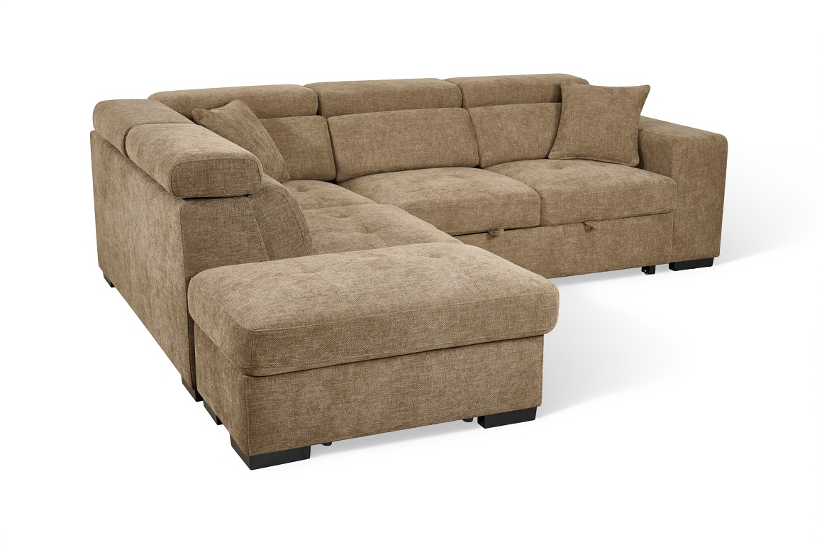 Amelia Chocolate Brown Chenille Fabric Corner Sofa Bed with Storage and Ottomans
