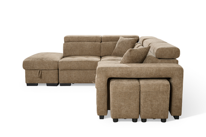 Amelia Chocolate Brown Chenille Fabric Corner Sofa Bed with Storage and Ottomans