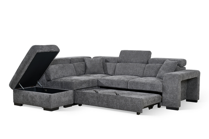 Amelia Dark Grey Chenille Fabric Corner Sofa Bed with Storage and Ottomans