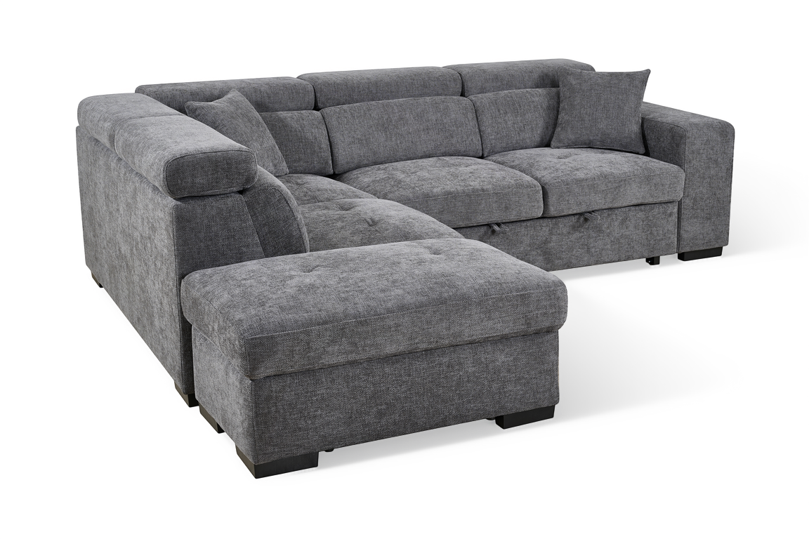Amelia Dark Grey Chenille Fabric Corner Sofa Bed with Storage and Ottomans