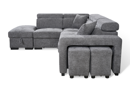 Amelia Dark Grey Chenille Fabric Corner Sofa Bed with Storage and Ottomans