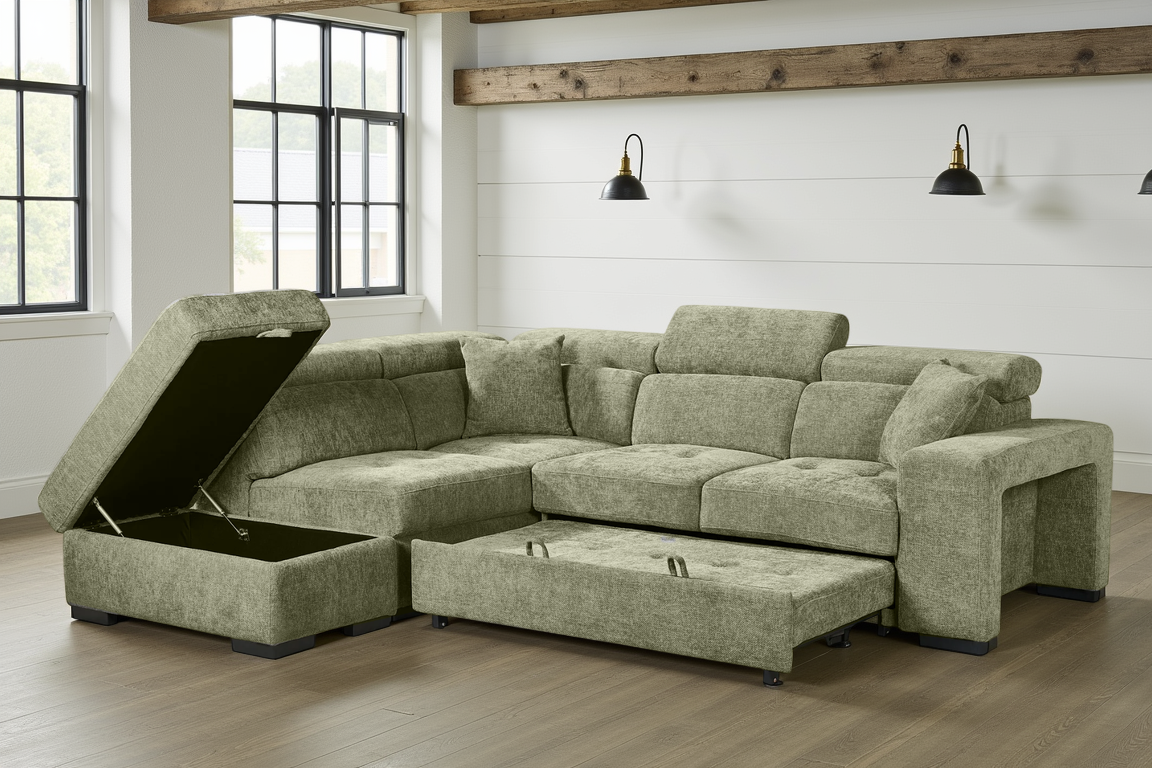 Amelia Green Chenille Fabric Corner Sofa Bed with Storage and Ottomans