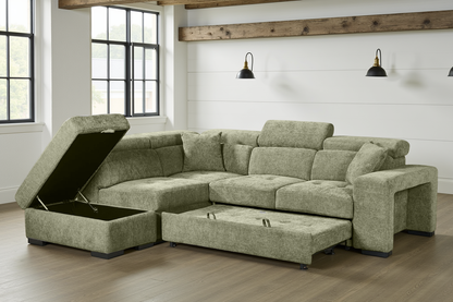 Amelia Green Chenille Fabric Corner Sofa Bed with Storage and Ottomans