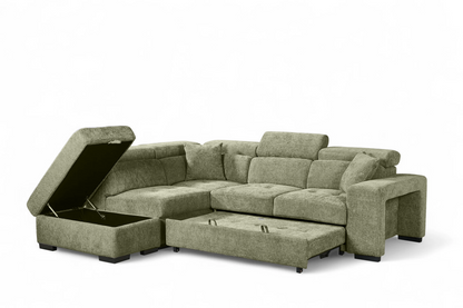 Amelia Green Chenille Fabric Corner Sofa Bed with Storage and Ottomans