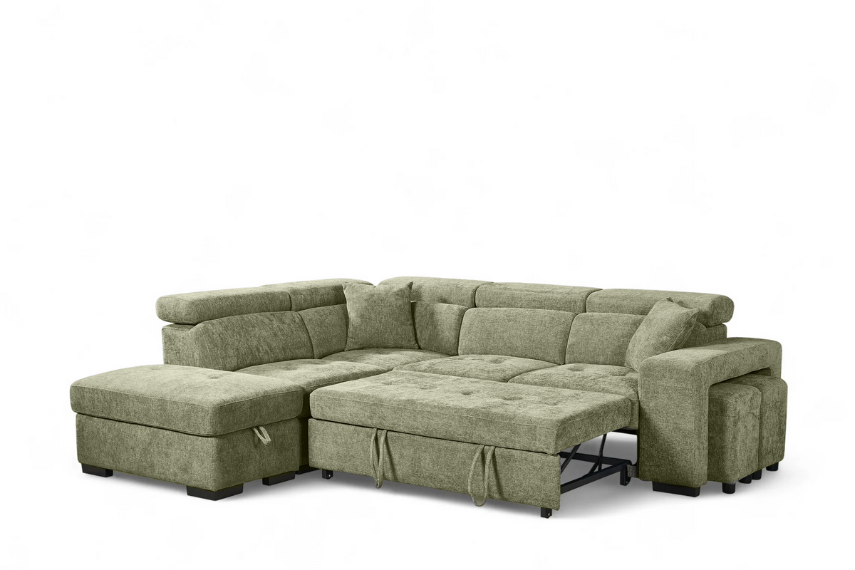 Amelia Green Chenille Fabric Corner Sofa Bed with Storage and Ottomans