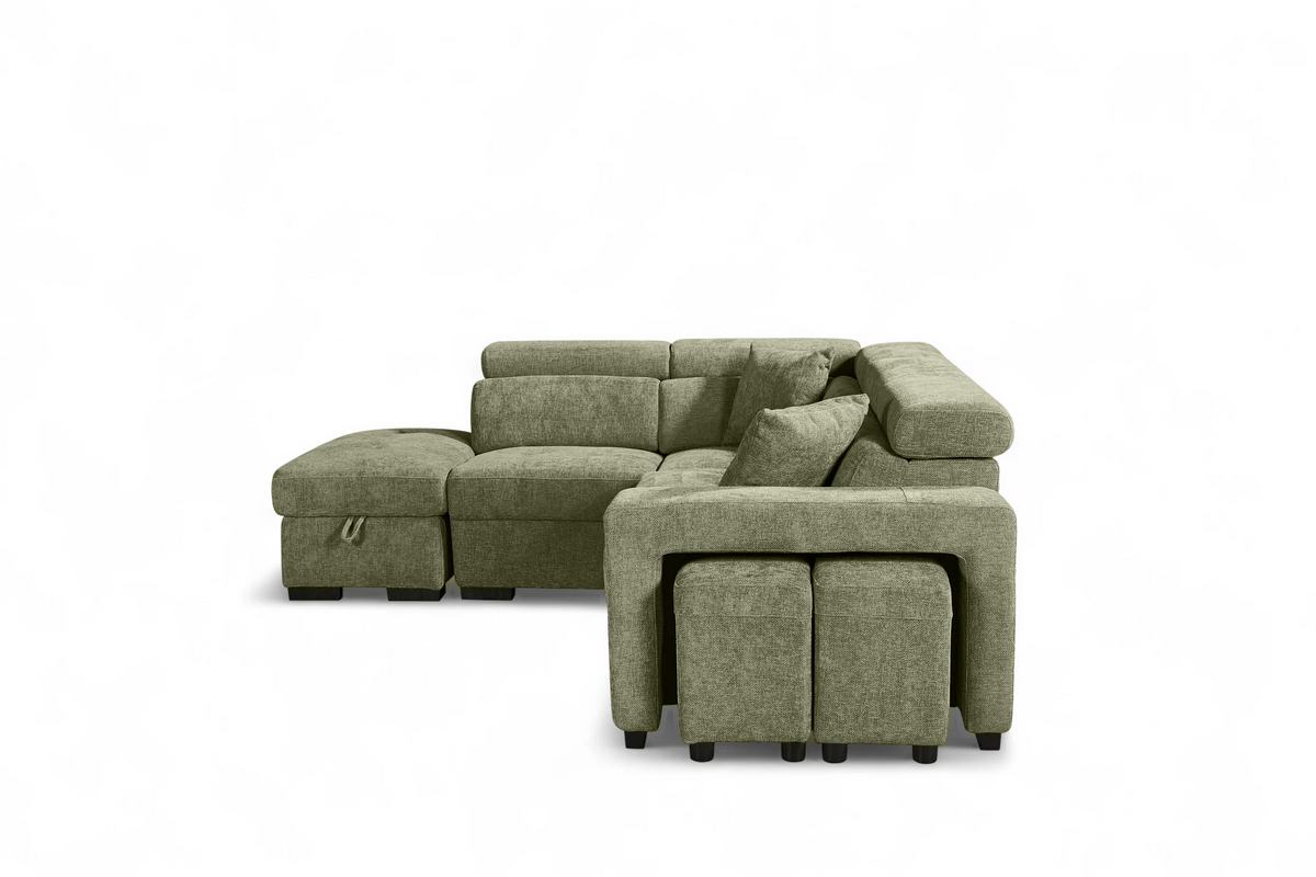 Amelia Green Chenille Fabric Corner Sofa Bed with Storage and Ottomans