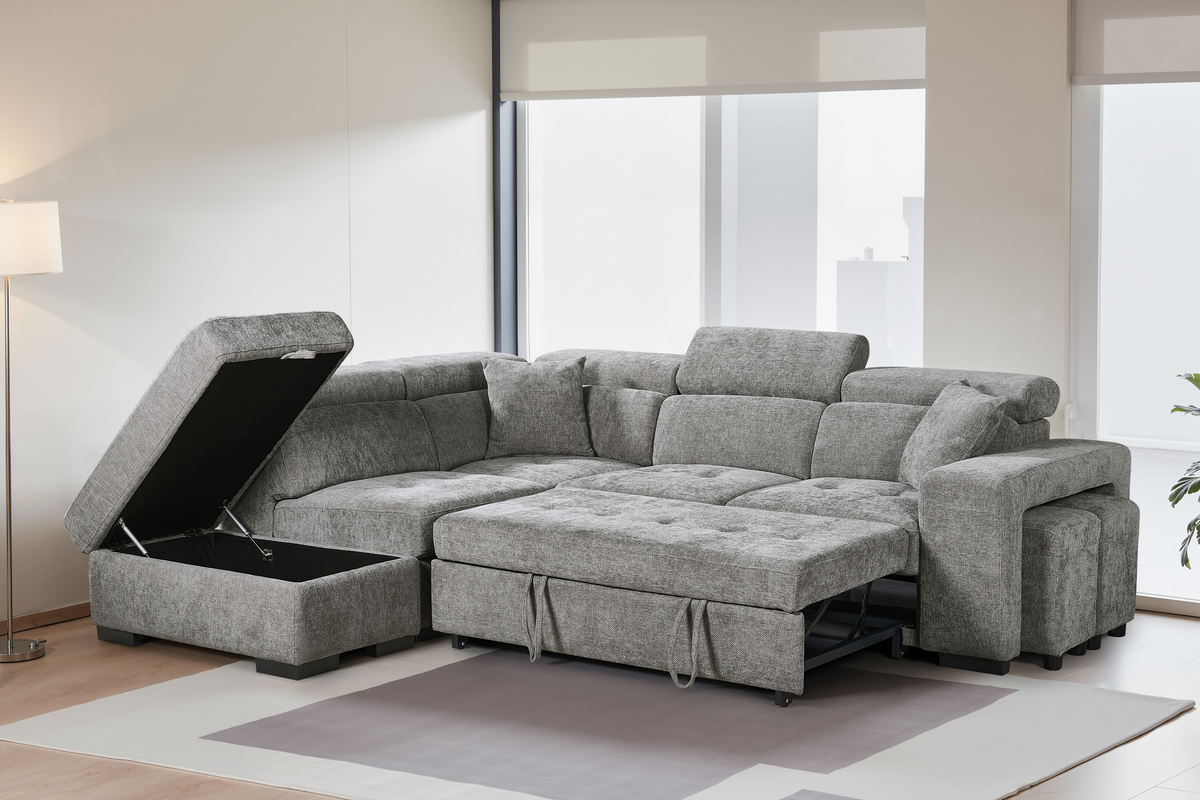 Amelia Grey Chenille Fabric Corner Sofa Bed with Storage and Ottomans