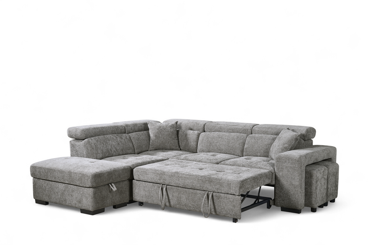 Amelia Grey Chenille Fabric Corner Sofa Bed with Storage and Ottomans
