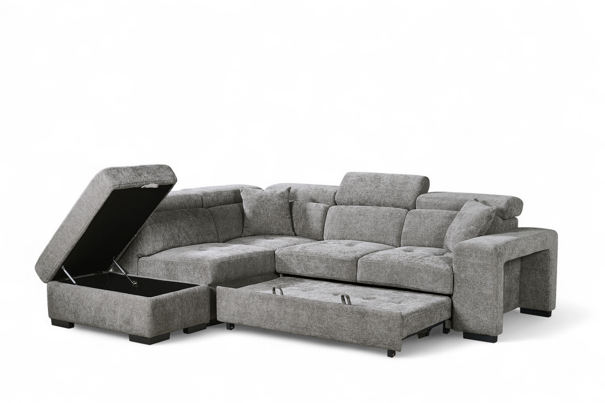 Amelia Grey Chenille Fabric Corner Sofa Bed with Storage and Ottomans