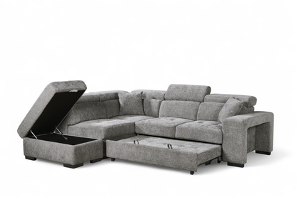 Amelia Grey Chenille Fabric Corner Sofa Bed with Storage and Ottomans
