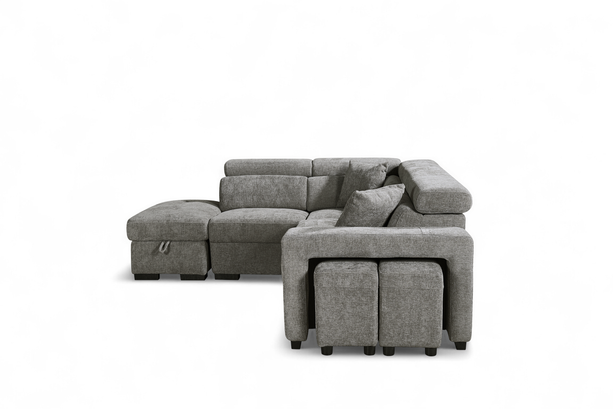 Amelia Grey Chenille Fabric Corner Sofa Bed with Storage and Ottomans