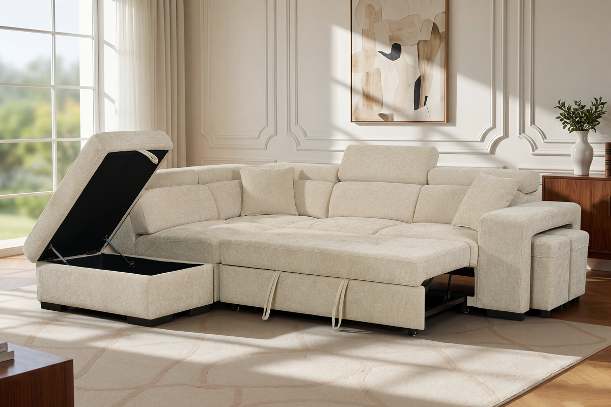 Amelia Light Beige Chenille Fabric Corner Sofa Bed with Storage and Ottomans