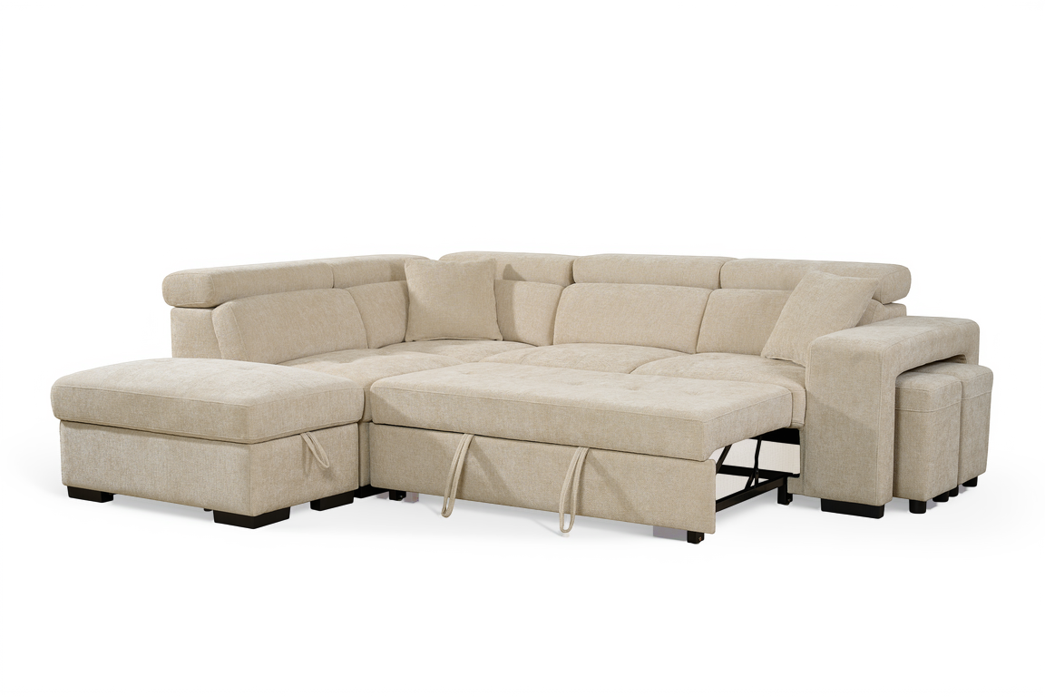 Amelia Light Beige Chenille Fabric Corner Sofa Bed with Storage and Ottomans
