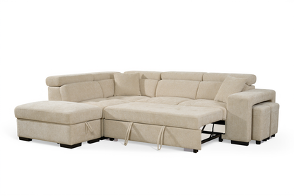 Amelia Light Beige Chenille Fabric Corner Sofa Bed with Storage and Ottomans
