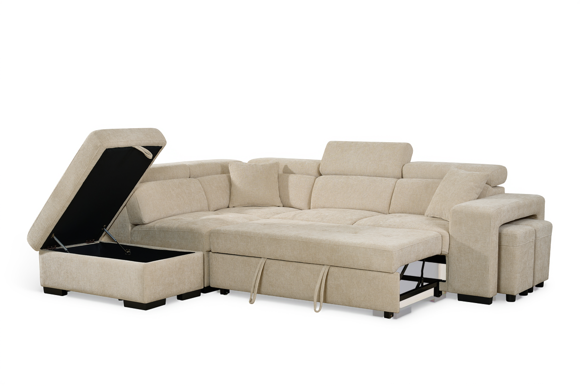 Amelia Light Beige Chenille Fabric Corner Sofa Bed with Storage and Ottomans