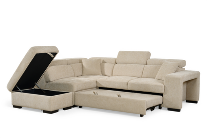 Amelia Light Beige Chenille Fabric Corner Sofa Bed with Storage and Ottomans