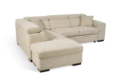 Amelia Light Beige Chenille Fabric Corner Sofa Bed with Storage and Ottomans