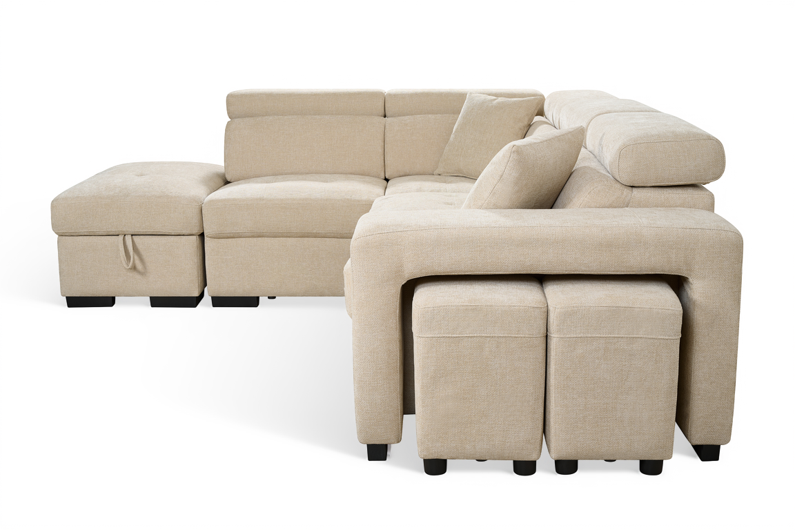 Amelia Light Beige Chenille Fabric Corner Sofa Bed with Storage and Ottomans