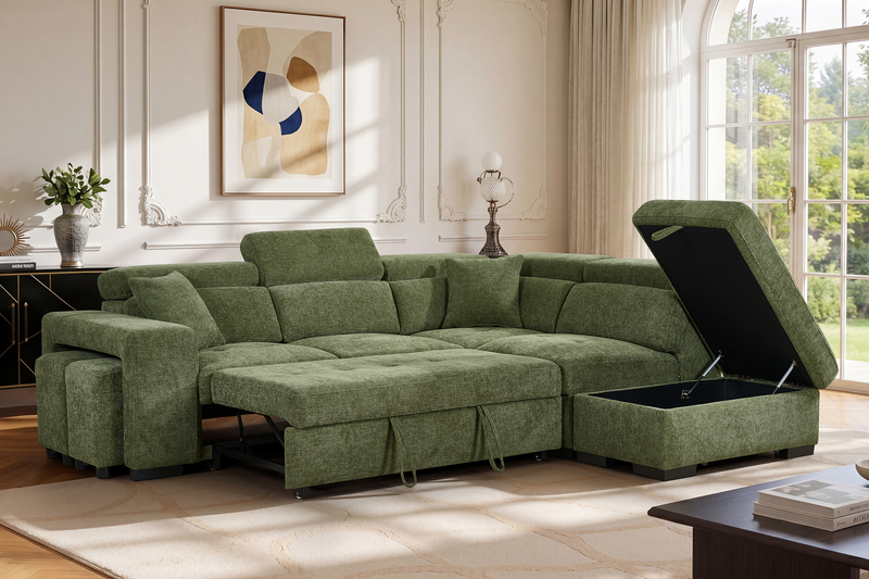 Amelia Olive Green Chenille Fabric Corner Sofa Bed with Storage and Ottomans
