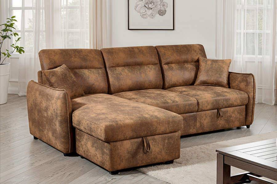 Archie Faux Leather Suede Brown Corner Sofabed with Storage