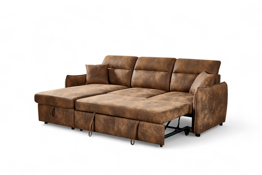 Archie Faux Leather Suede Brown Corner Sofabed with Storage